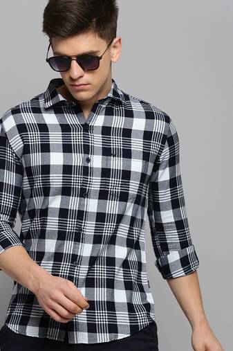 men's long sleeves gingham checks navy blue shirt
