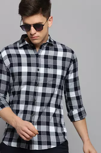 men's long sleeves gingham checks navy blue shirt