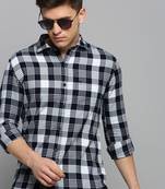 men's long sleeves gingham checks navy blue shirt