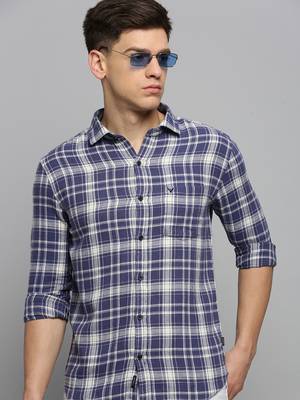 men's long sleeves gingham checks blue shirt 1