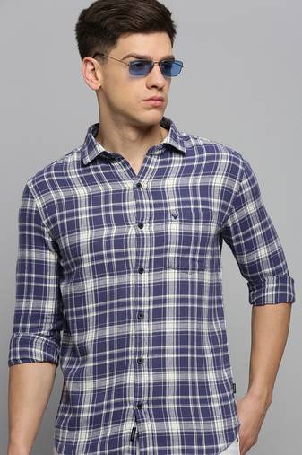 men's long sleeves gingham checks blue shirt