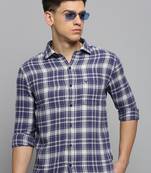 men's long sleeves gingham checks blue shirt