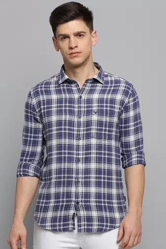 men's long sleeves gingham checks blue shirt