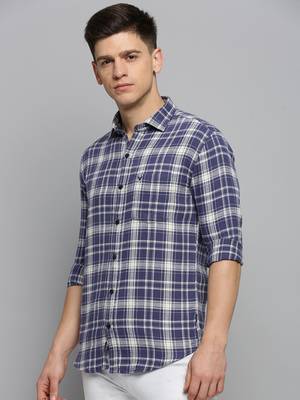 men's long sleeves gingham checks blue shirt 3