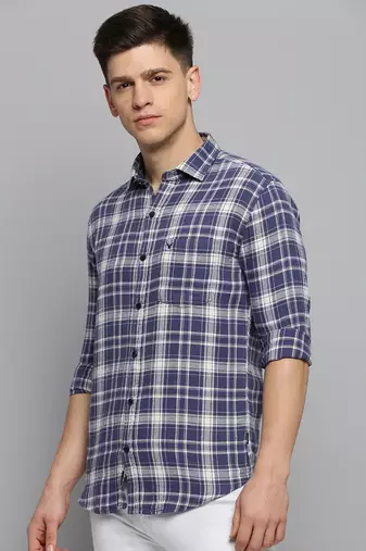 men's long sleeves gingham checks blue shirt