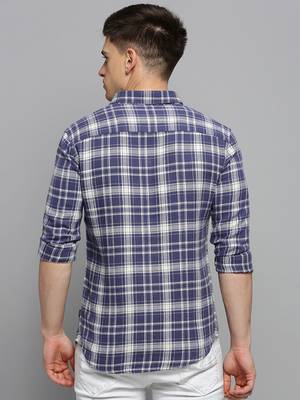 men's long sleeves gingham checks blue shirt 4