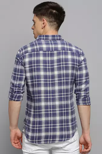 men's long sleeves gingham checks blue shirt
