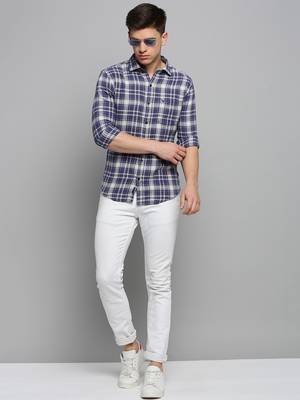 men's long sleeves gingham checks blue shirt 5