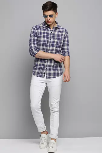 men's long sleeves gingham checks blue shirt
