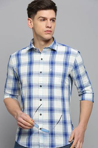 men's long sleeves tartan checks off white shirt
