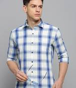 men's long sleeves tartan checks off white shirt