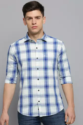 men's long sleeves tartan checks off white shirt