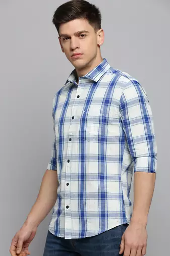 men's long sleeves tartan checks off white shirt
