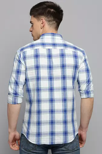 men's long sleeves tartan checks off white shirt