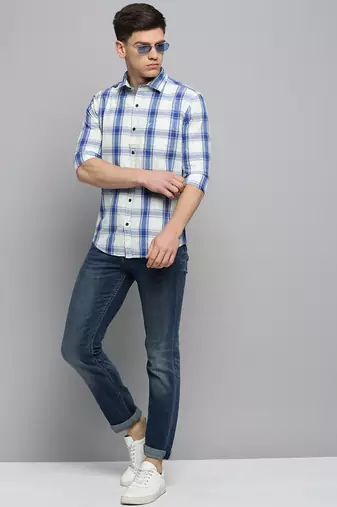 men's long sleeves tartan checks off white shirt