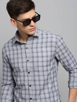 men's long sleeves gingham checks grey shirt 1