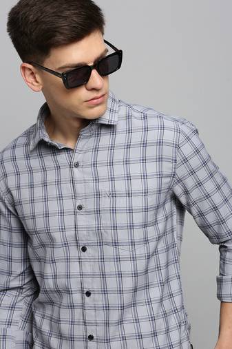 men's long sleeves gingham checks grey shirt