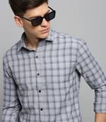 men's long sleeves gingham checks grey shirt