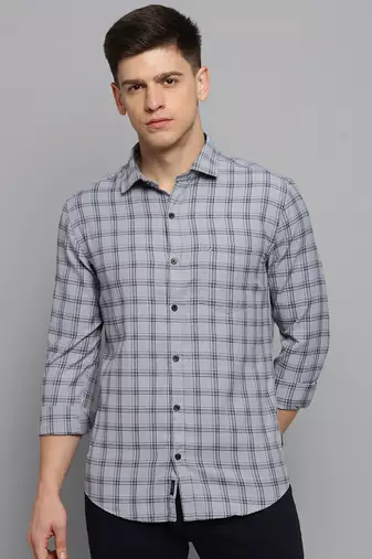 men's long sleeves gingham checks grey shirt