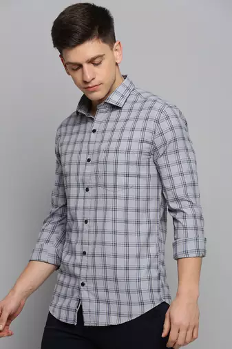 men's long sleeves gingham checks grey shirt