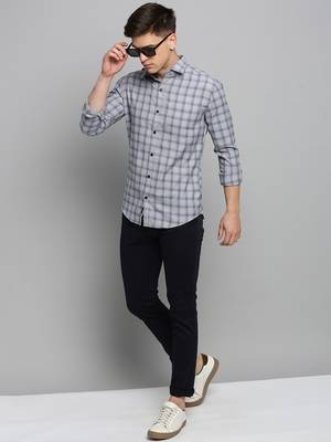 men's long sleeves gingham checks grey shirt 5