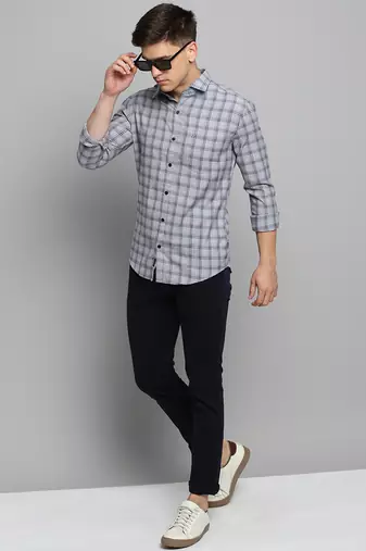 men's long sleeves gingham checks grey shirt