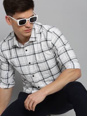 men's long sleeves windowpane checks off white shirt 1