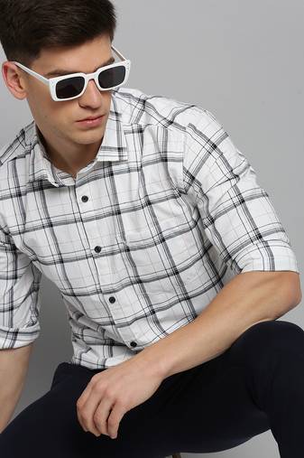men's long sleeves windowpane checks off white shirt