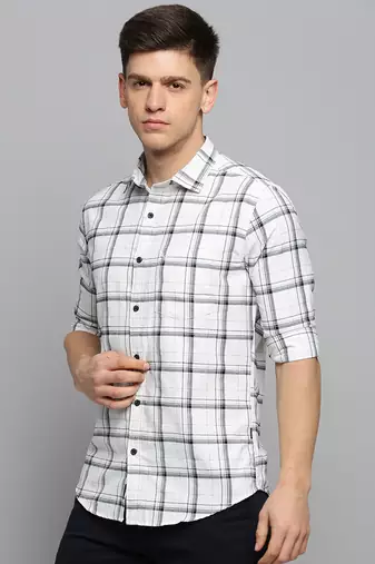 men's long sleeves windowpane checks off white shirt