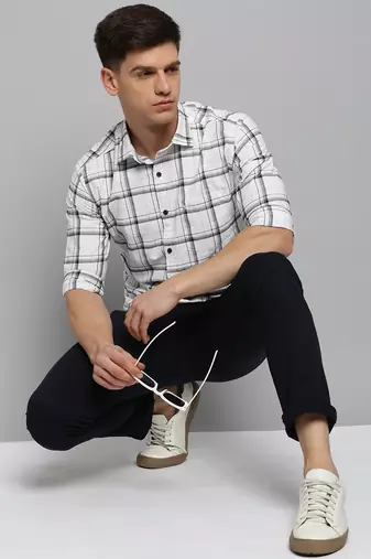 men's long sleeves windowpane checks off white shirt