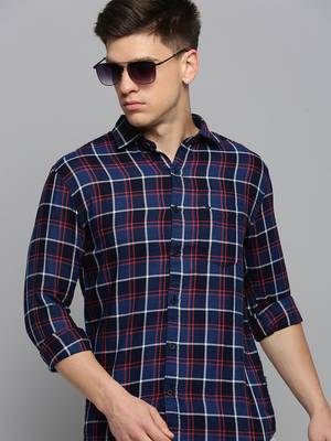 men's long sleeves tartan checks navy blue shirt 1