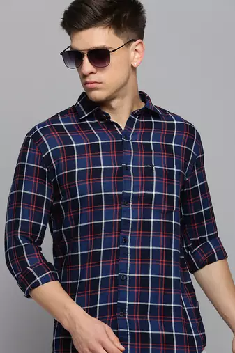 men's long sleeves tartan checks navy blue shirt