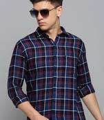 men's long sleeves tartan checks navy blue shirt