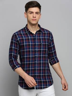men's long sleeves tartan checks navy blue shirt 2