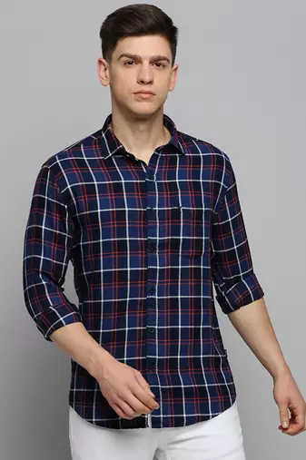 men's long sleeves tartan checks navy blue shirt
