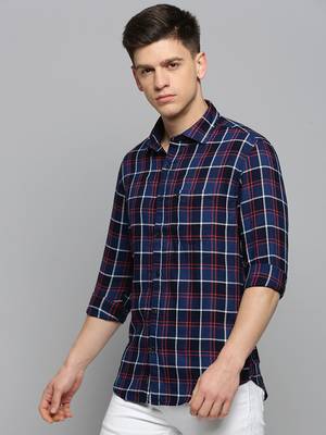 men's long sleeves tartan checks navy blue shirt 3