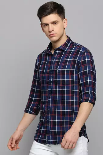 men's long sleeves tartan checks navy blue shirt