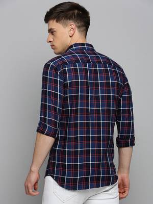 men's long sleeves tartan checks navy blue shirt 4