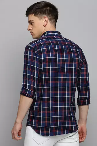 men's long sleeves tartan checks navy blue shirt