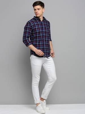 men's long sleeves tartan checks navy blue shirt 5