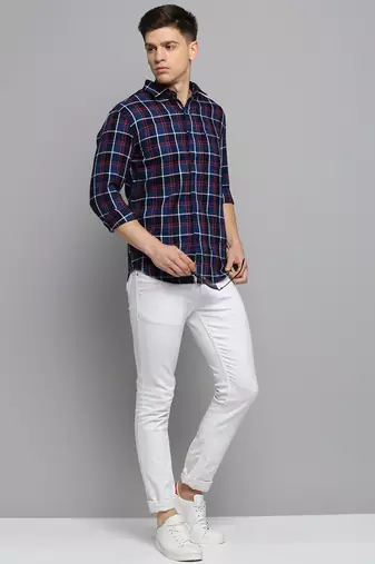 men's long sleeves tartan checks navy blue shirt