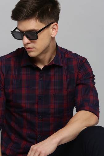 men's long sleeves tartan checks maroon shirt
