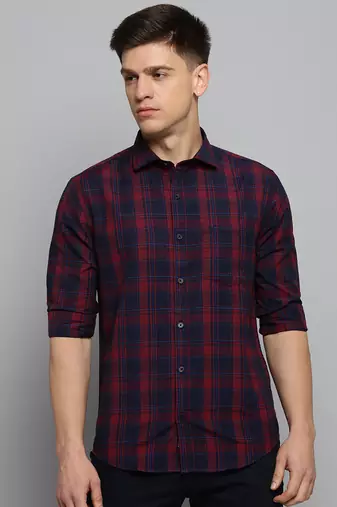 men's long sleeves tartan checks maroon shirt