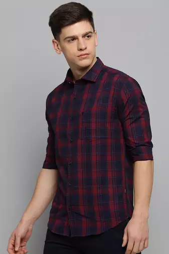 men's long sleeves tartan checks maroon shirt