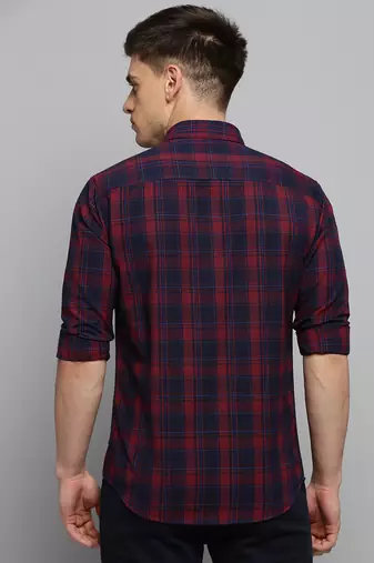 men's long sleeves tartan checks maroon shirt