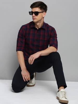 men's long sleeves tartan checks maroon shirt 5
