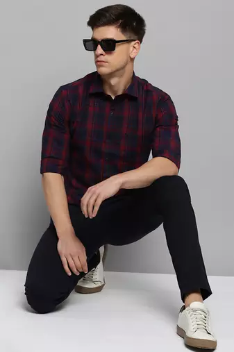 men's long sleeves tartan checks maroon shirt