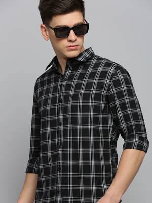 men's long sleeves tartan checks black shirt 1
