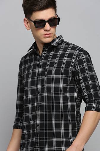 men's long sleeves tartan checks black shirt
