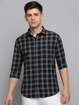 men's long sleeves tartan checks black shirt 2